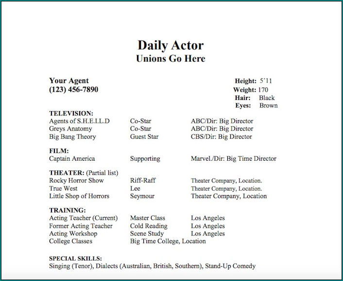 Acting Resume Template Sample