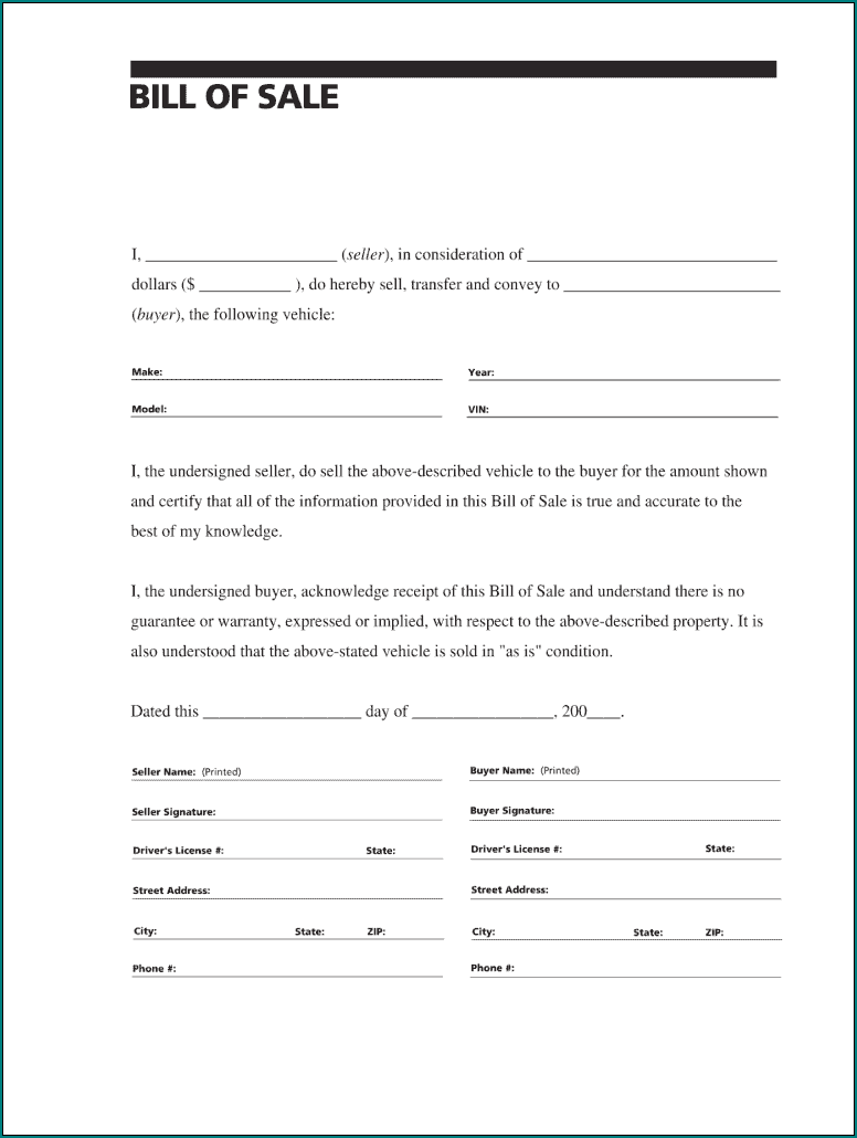 Automobile Bill Of Sale Example