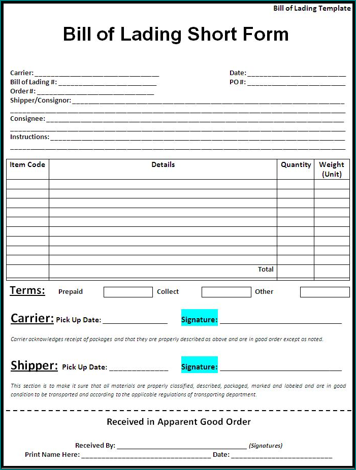 Bill Of Lading Form Sample
