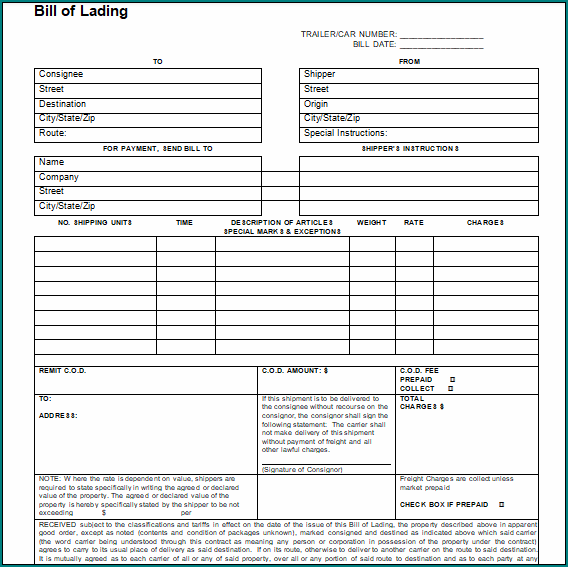 Bill Of Lading Template Word