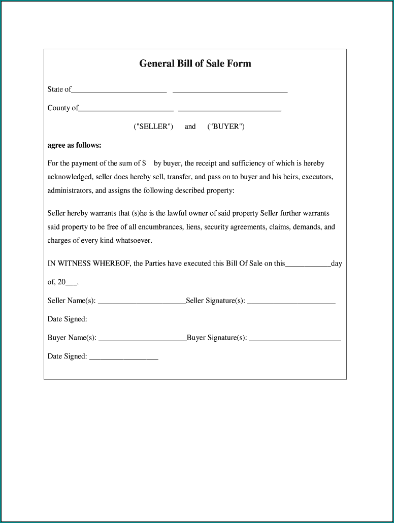 Bill Of Sale Word Template Example