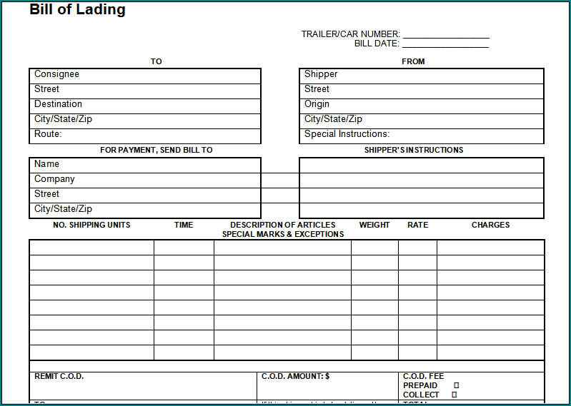 Blank Bill Of Lading Form