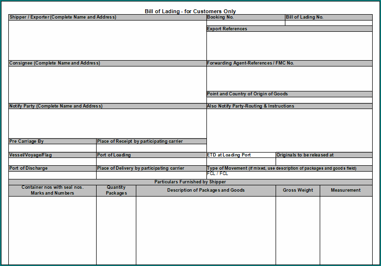 Blank Bill Of Lading Template