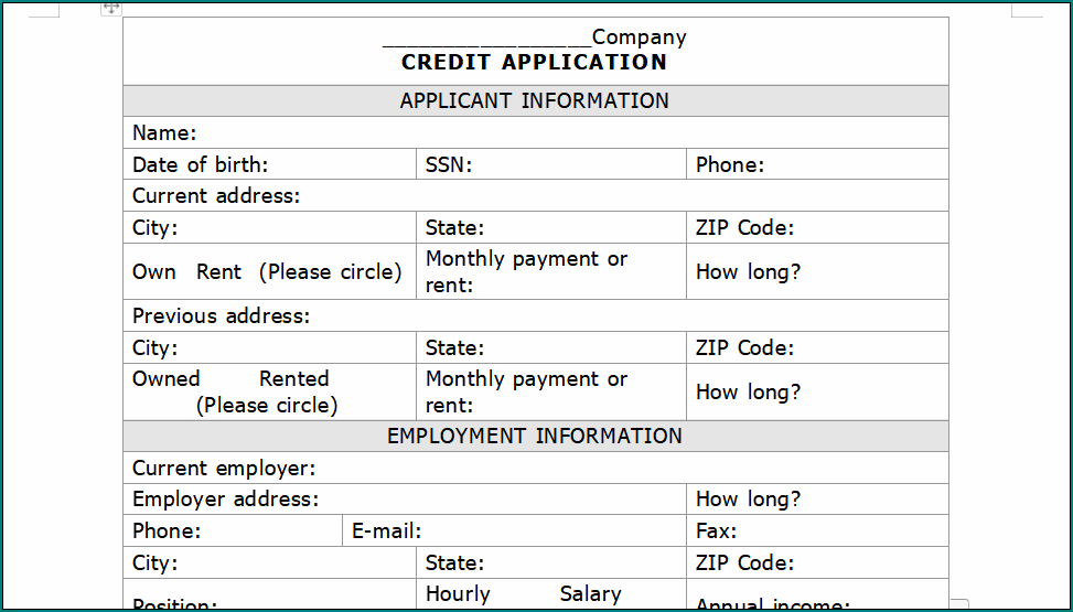 Business Credit Application Form