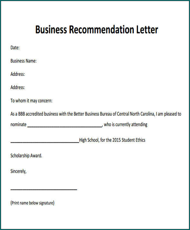 Business Recommendation Letter Template Sample