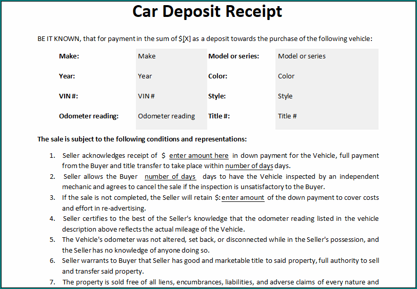 Car Deposit Receipt Template