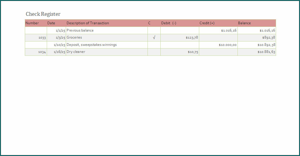 Checkbook Register Template