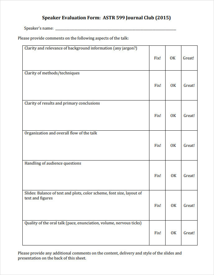 Club Speaker Evaluation Form Club Speaker Evaluation Form