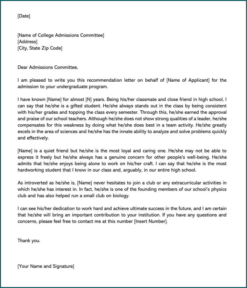 College Recommendation Letter Template Sample