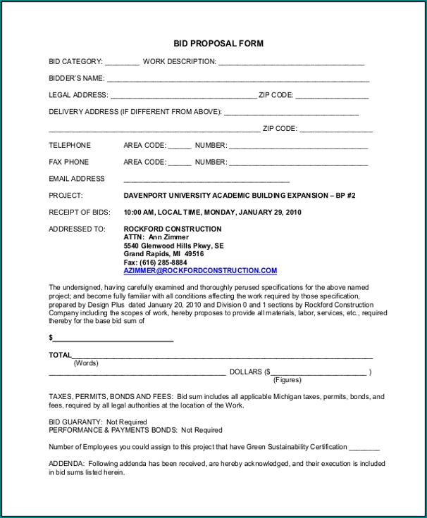 Construction Bid Form Sample