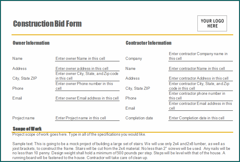 Construction Bid Form