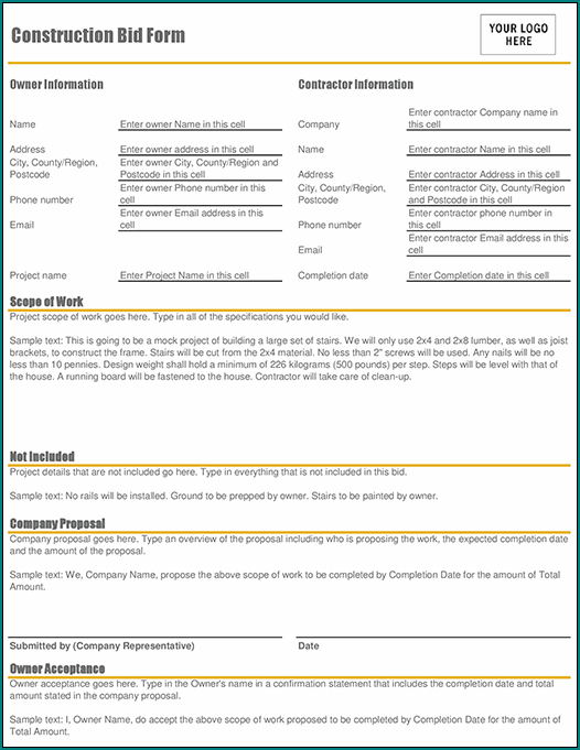 Construction Bid Sheet Template Example