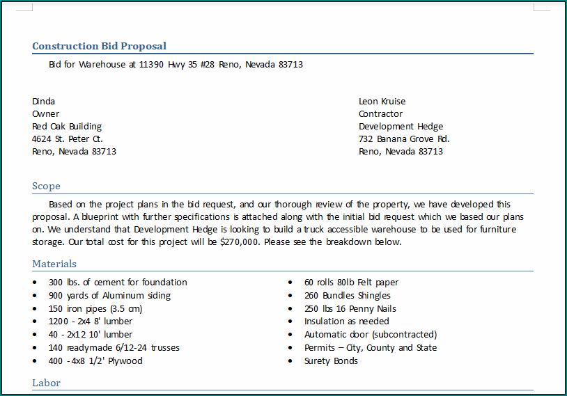 Construction Bid Sheet Template
