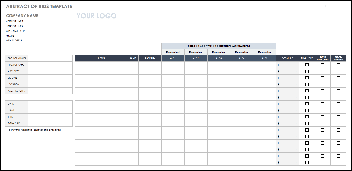 Construction Bid Template Excel Example