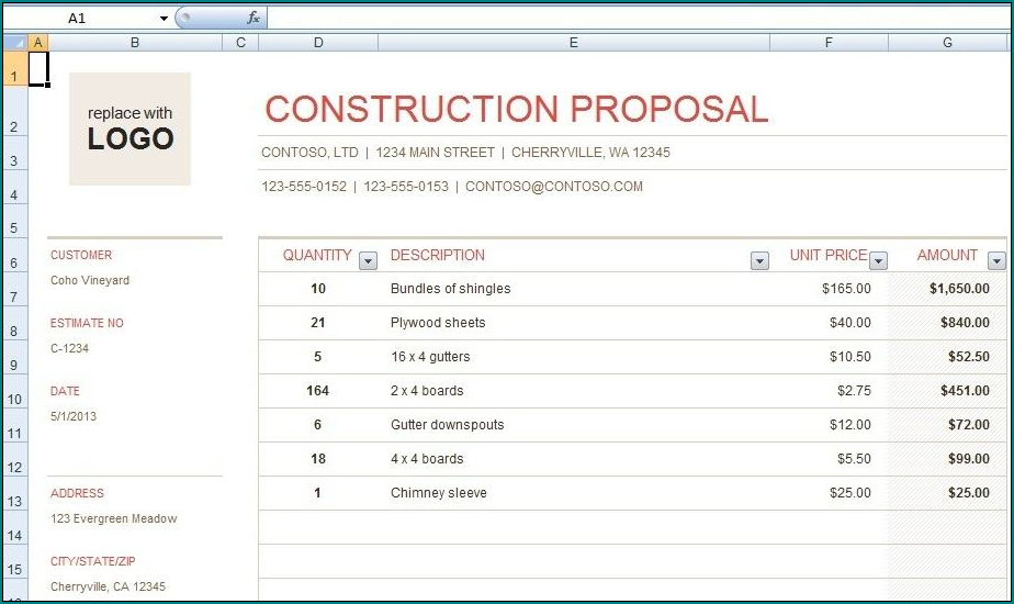Construction Bid Template Excel Sample