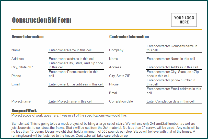 Construction Bid Template Excel