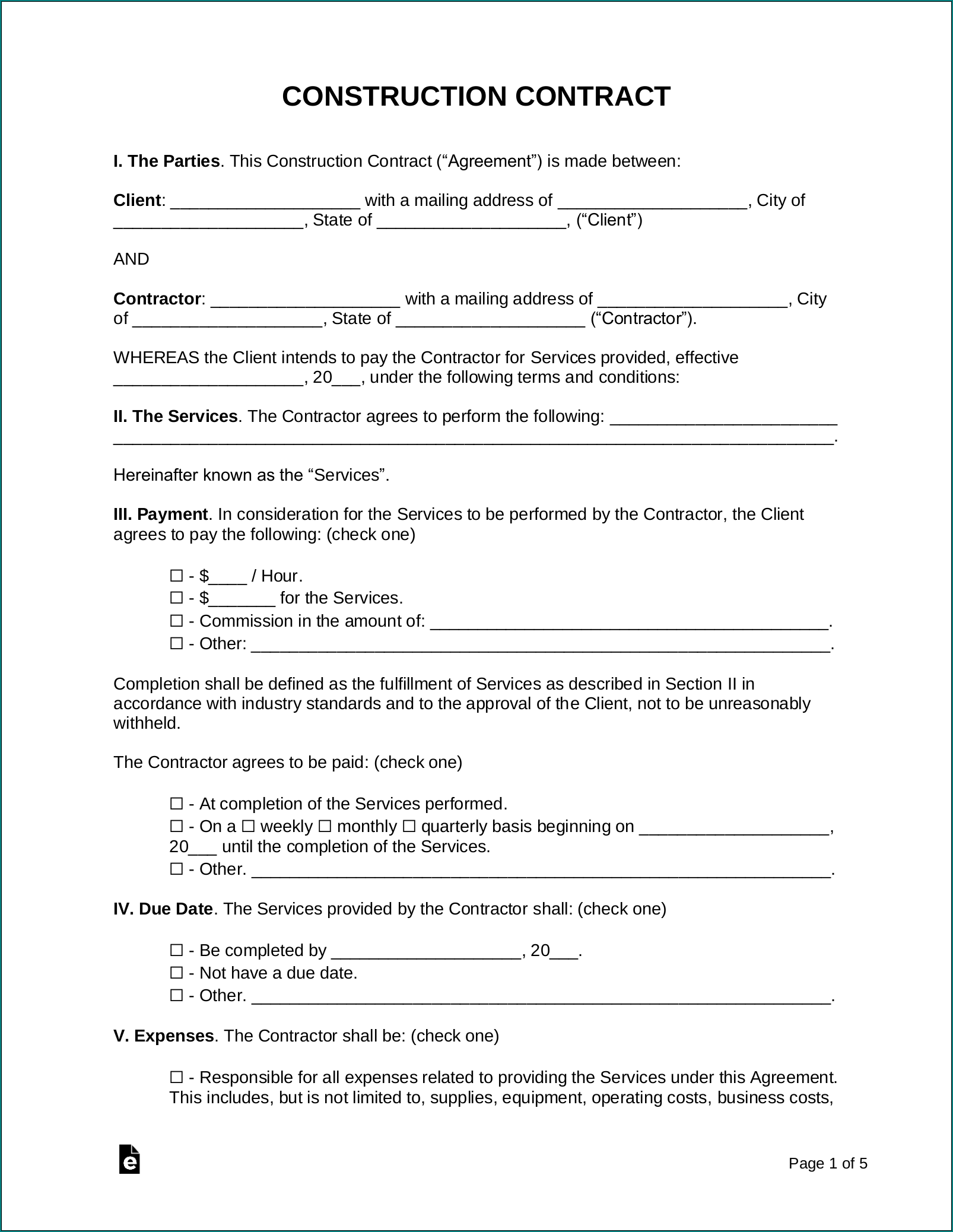 Construction Contract Template Example
