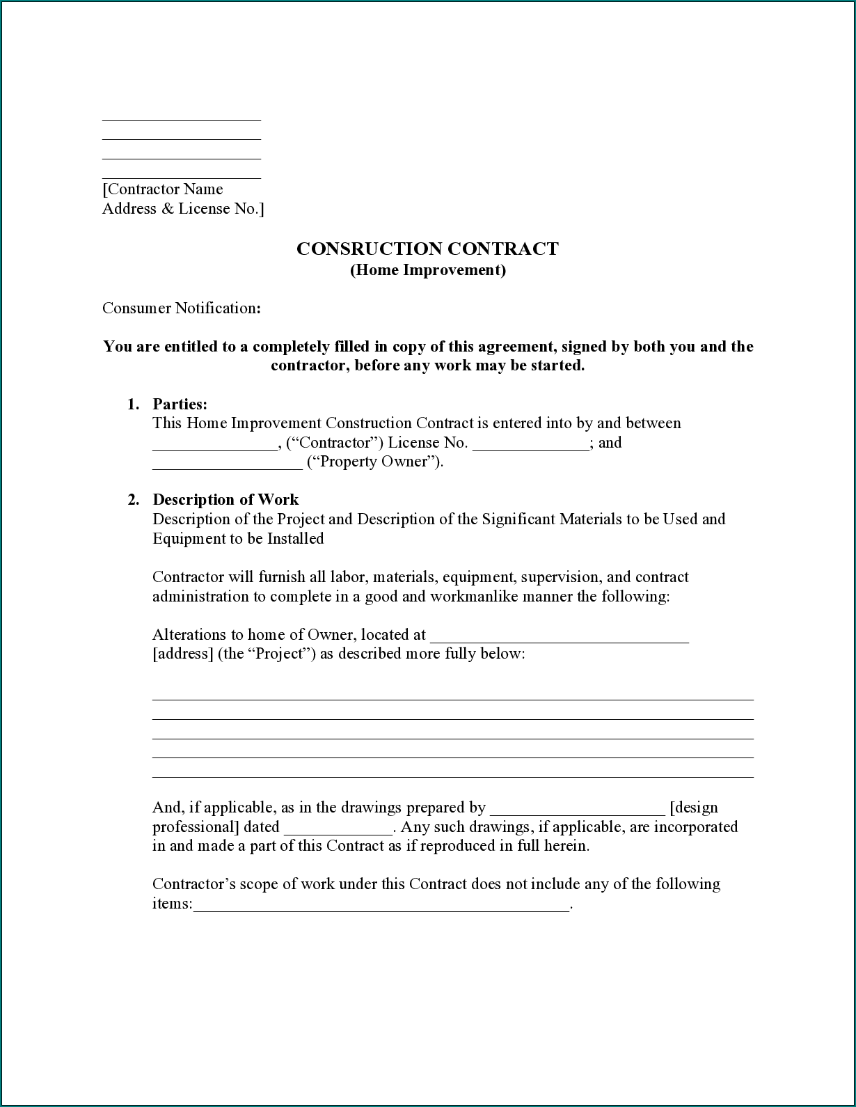 Construction Contract Template Sample