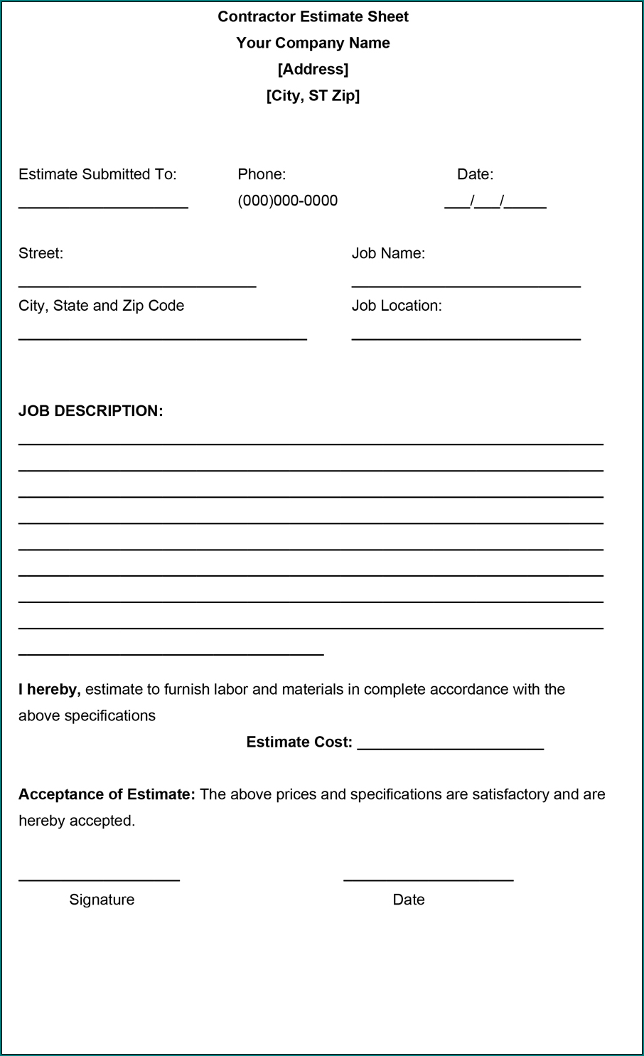 Construction Estimate Form Sample