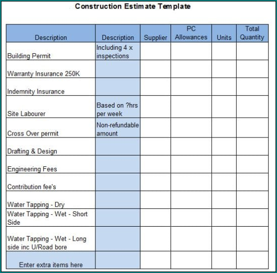 Construction Estimate Template Excel Example