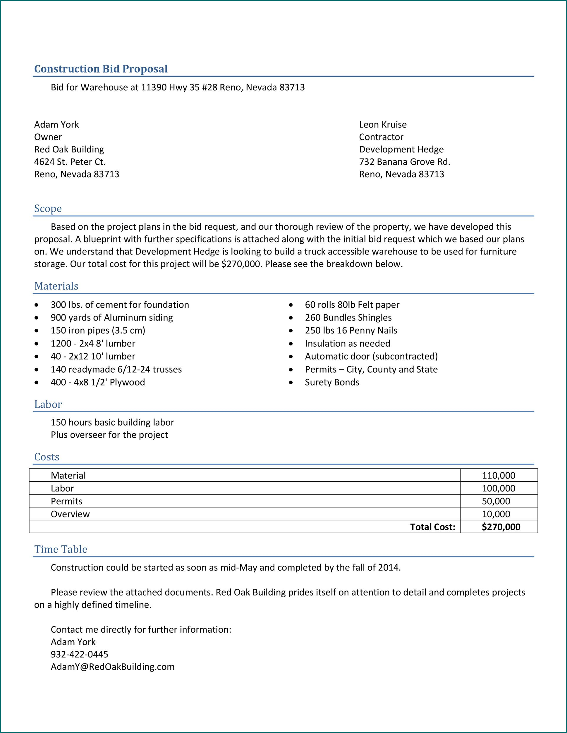 Construction Proposal Template Example