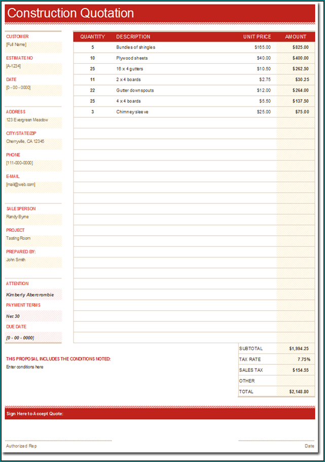 Construction Quote Template Example