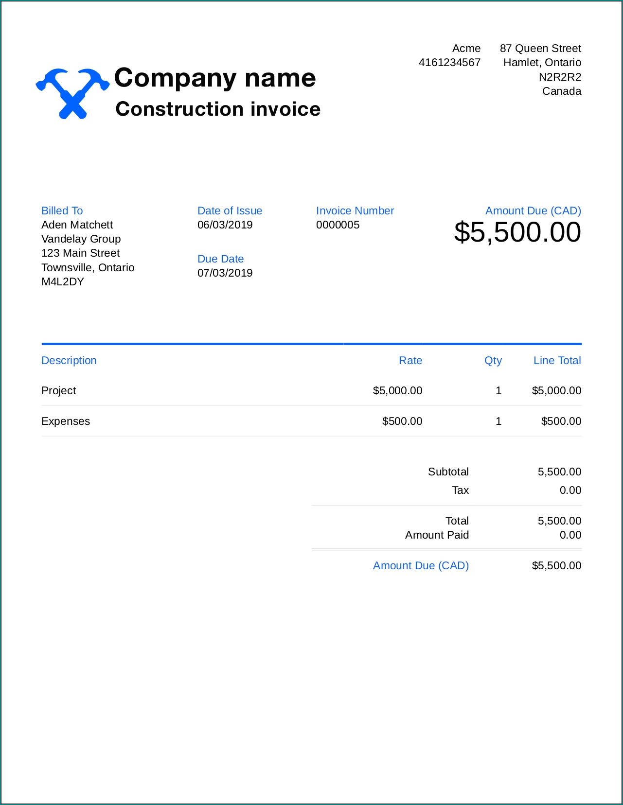 Construction Receipt Template Example