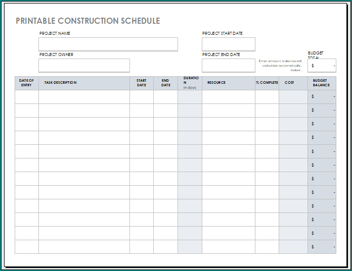 Construction Schedule Template