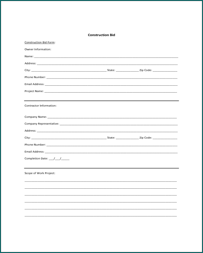 Contractor Bid Form Example