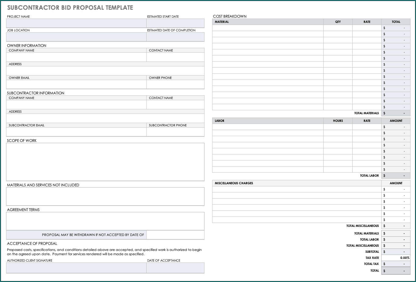 Contractor Bid Form Sample