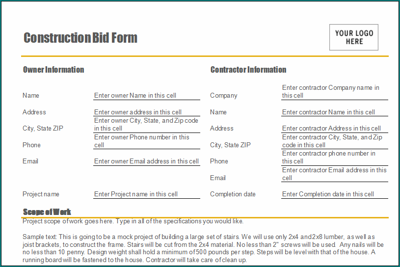 Contractor Bid Form