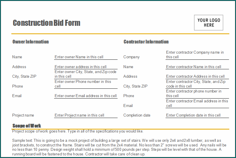 Contractor Bid Sheet Template