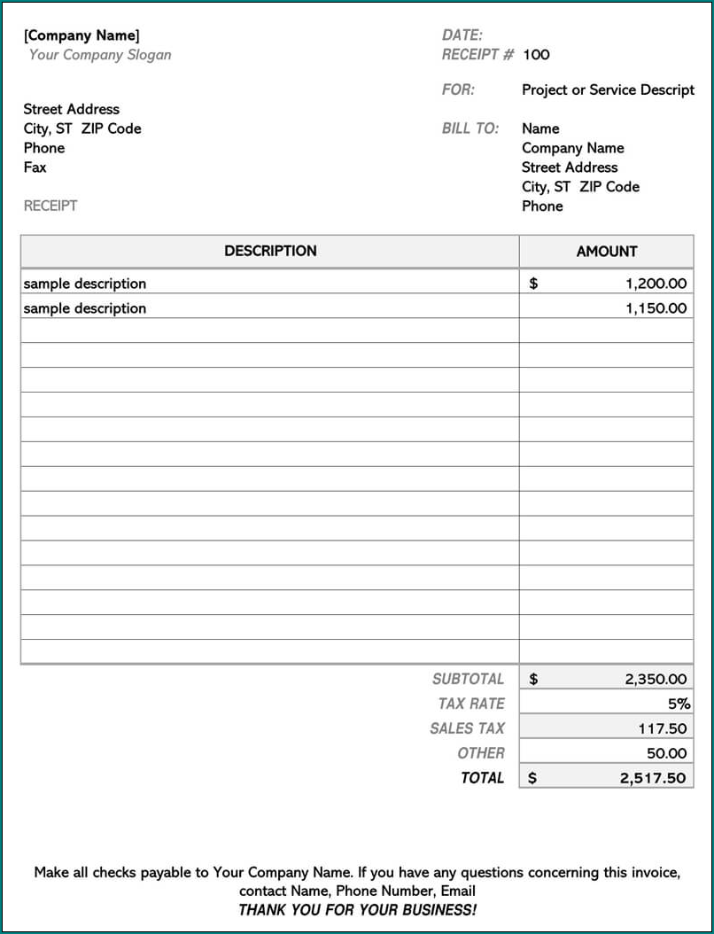 Contractor Receipt Template Sample
