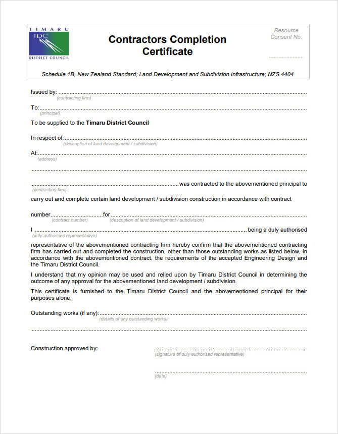 Contractors Work Completion Certificate Template Contractors Work Completion Certificate Template