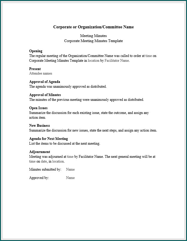 Corporate Meeting Minutes Template Sample