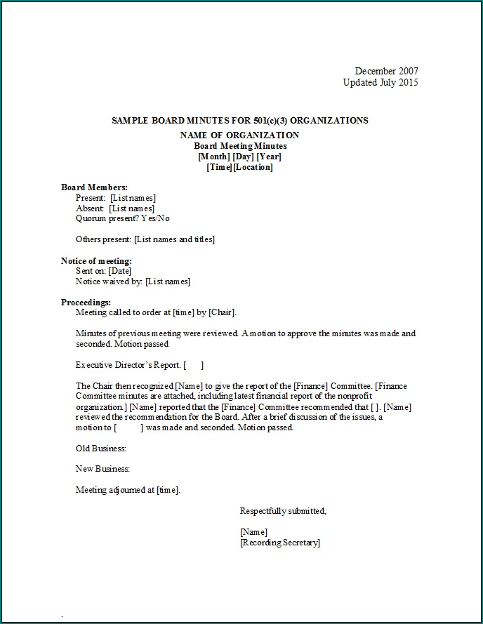 Corporate Meeting Minutes Template Word Example