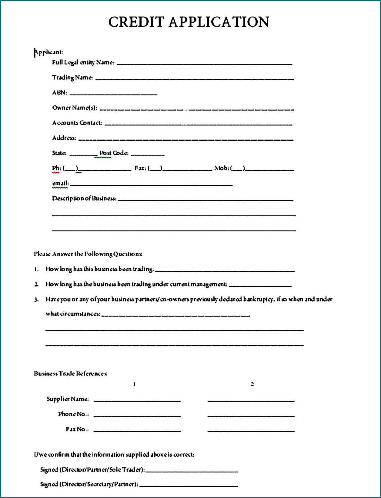 Credit Application Template Sample