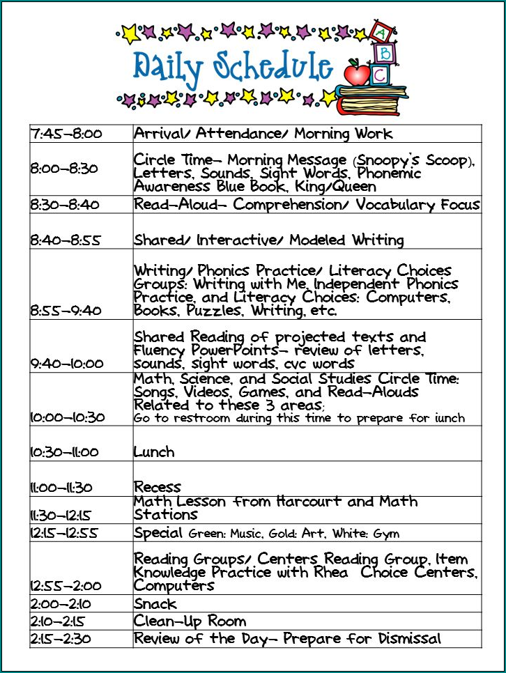 Daily Schedule Template Word Sample