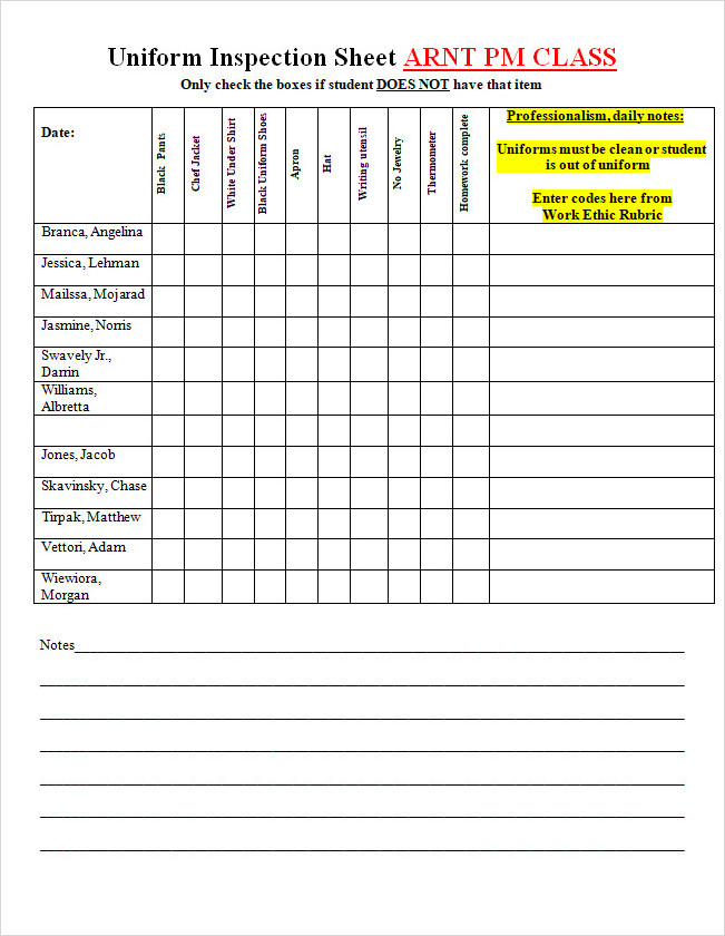 Daily Uniform Inspection Sheet Template Daily Uniform Inspection Sheet Template