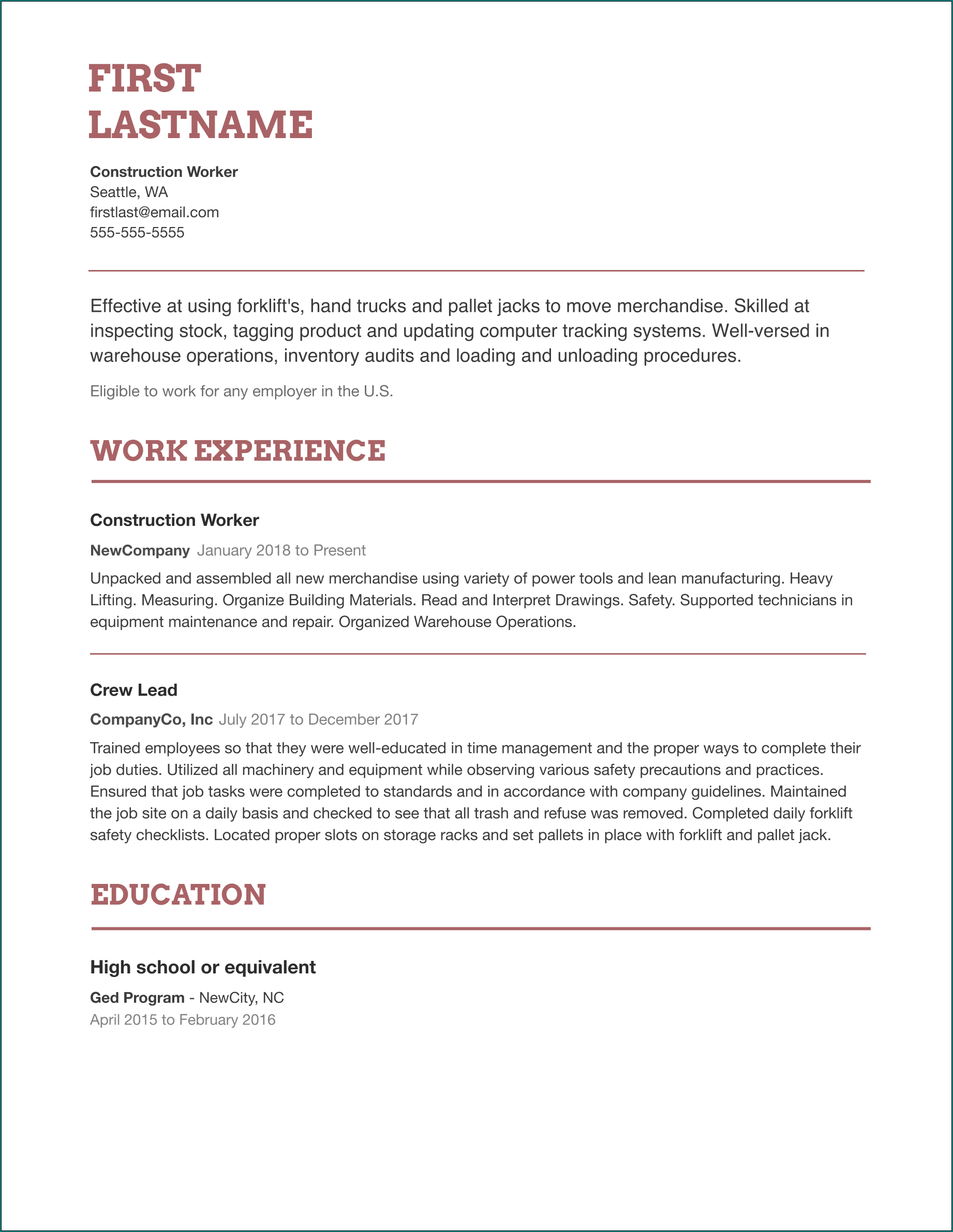 Easy Resume Template Sample