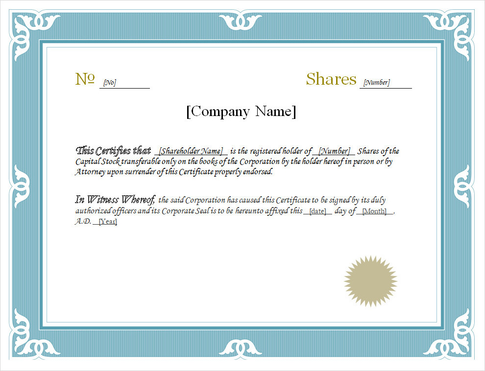 Editable Stock Certificate Template Editable Stock Certificate Template