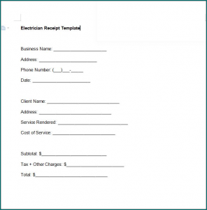 Electrician Receipt Template Sample
