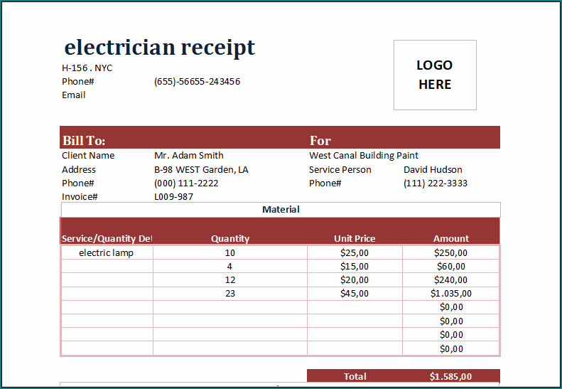 Electrician Receipt Template