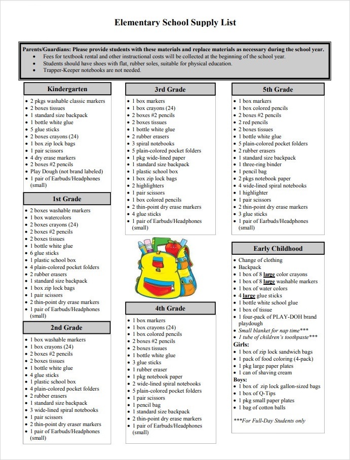Elementary School Supply List Template Elementary School Supply List Template