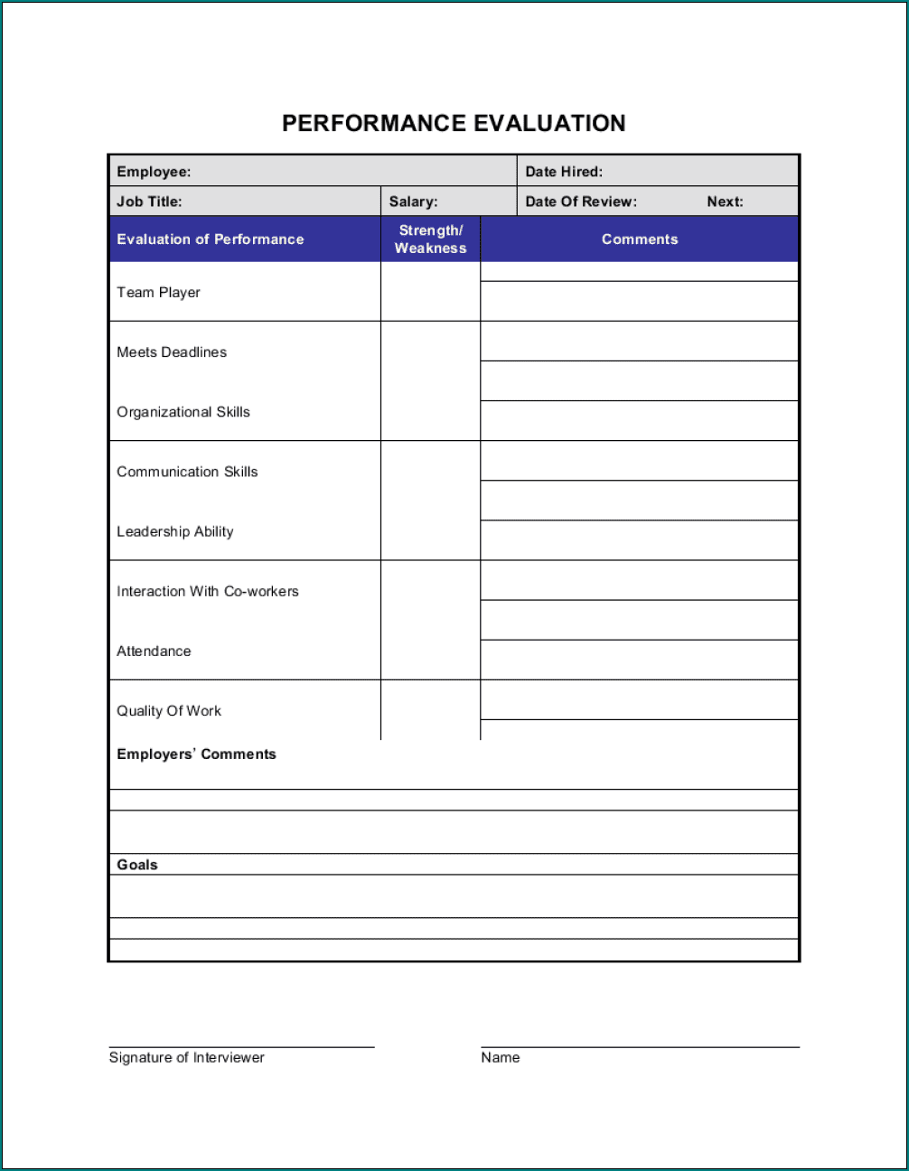 Employee Performance Evaluation Template Example