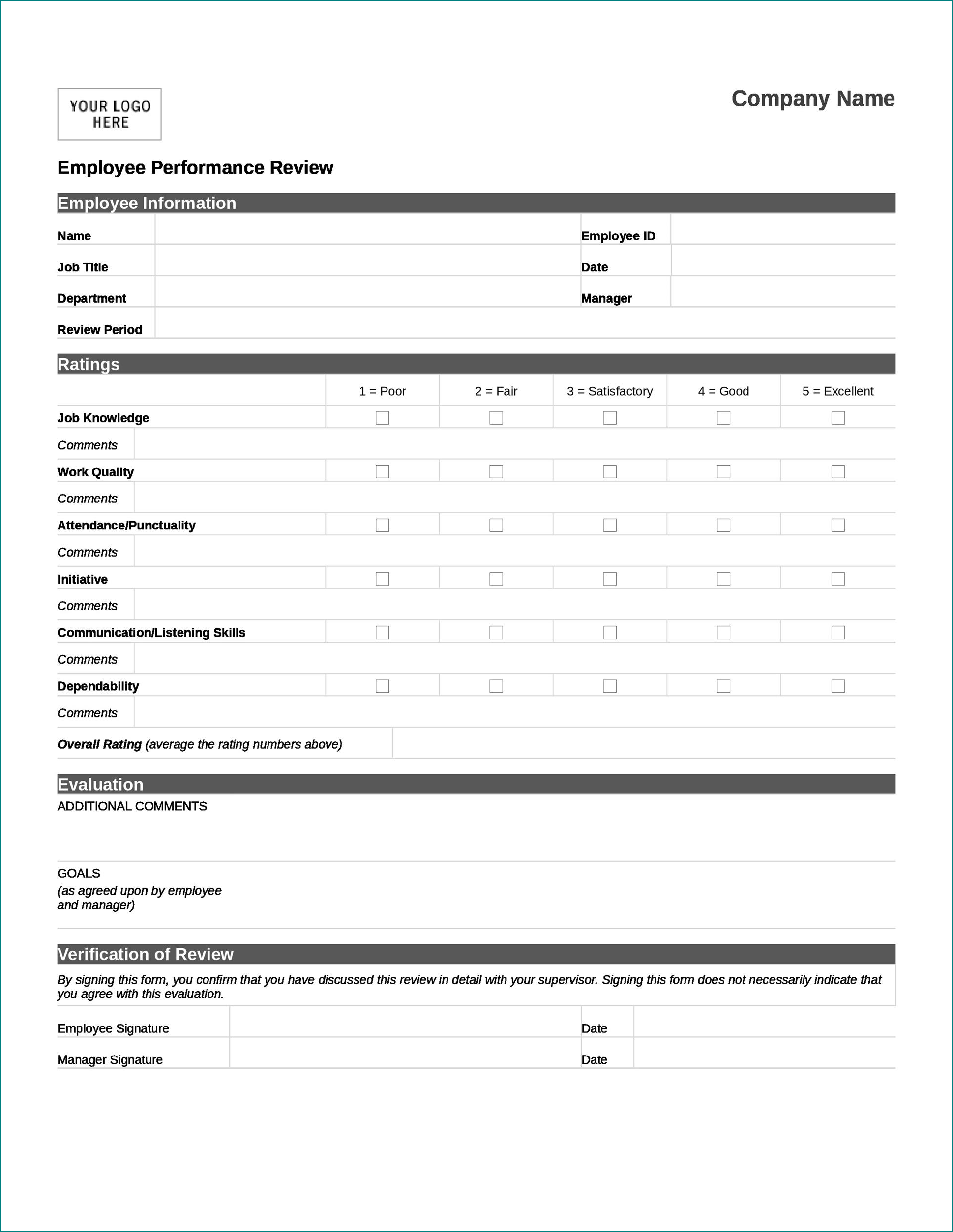 Employee Review Form Sample
