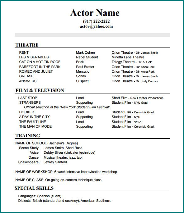 Example of Acting Resume Template
