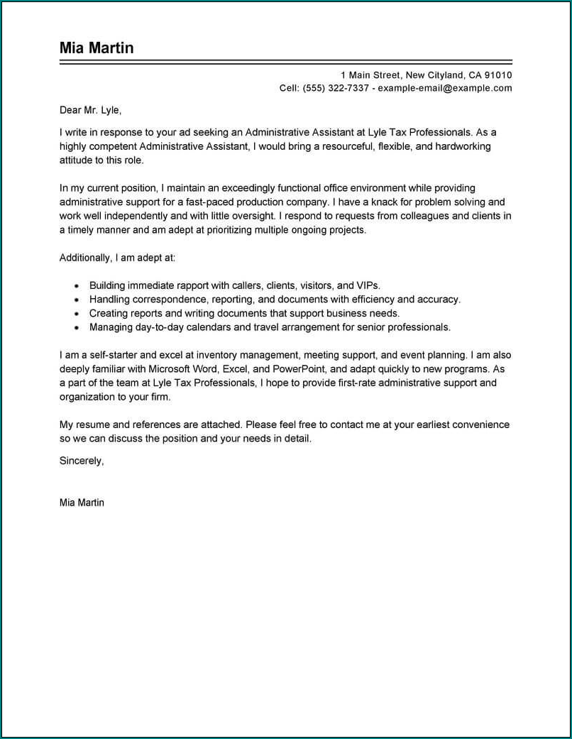 Example of Administrative Assistant Cover Letter Template