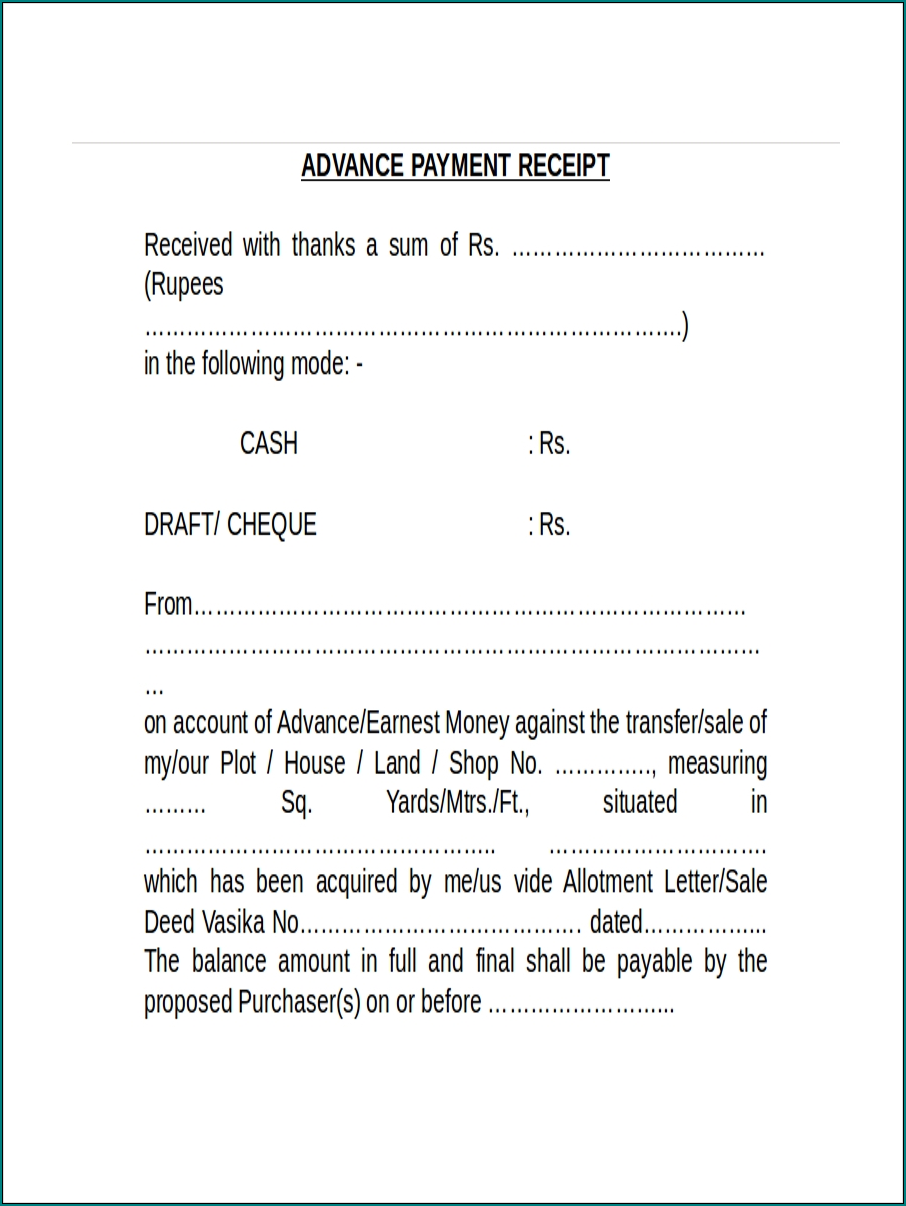 Example of Advance Payment Receipt Template