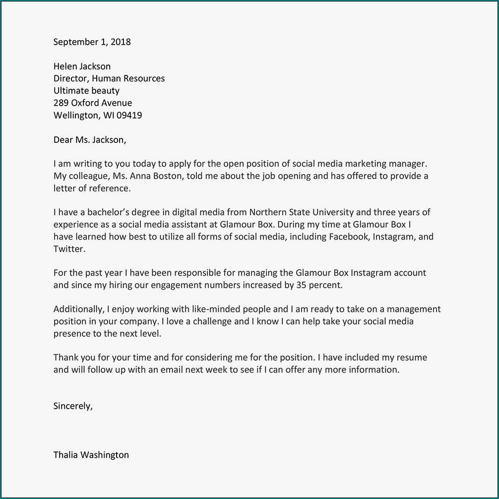 Example of Application Letter Template